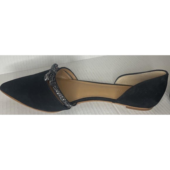 J. Crew Flats 12 Black D'Orsay Suede Glitter Bow Pointed Toe Career Classy Chic - Picture 9 of 16